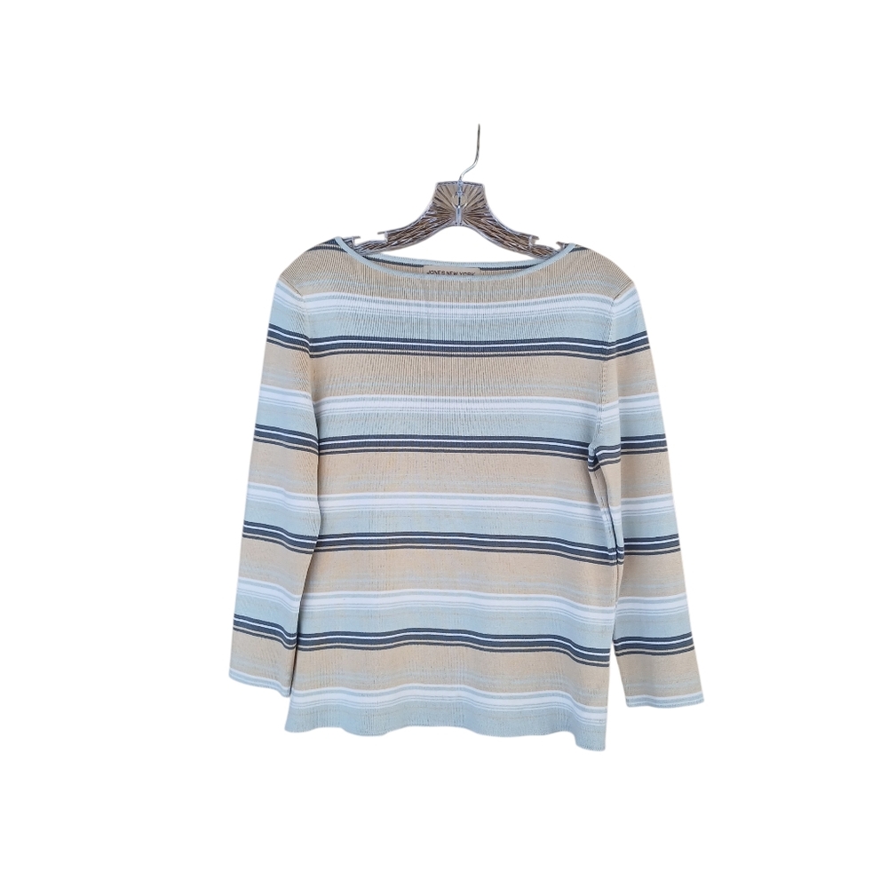 Jones New York Blue & Tan Boat Neck 3/4 Sleeve Sweater Medium